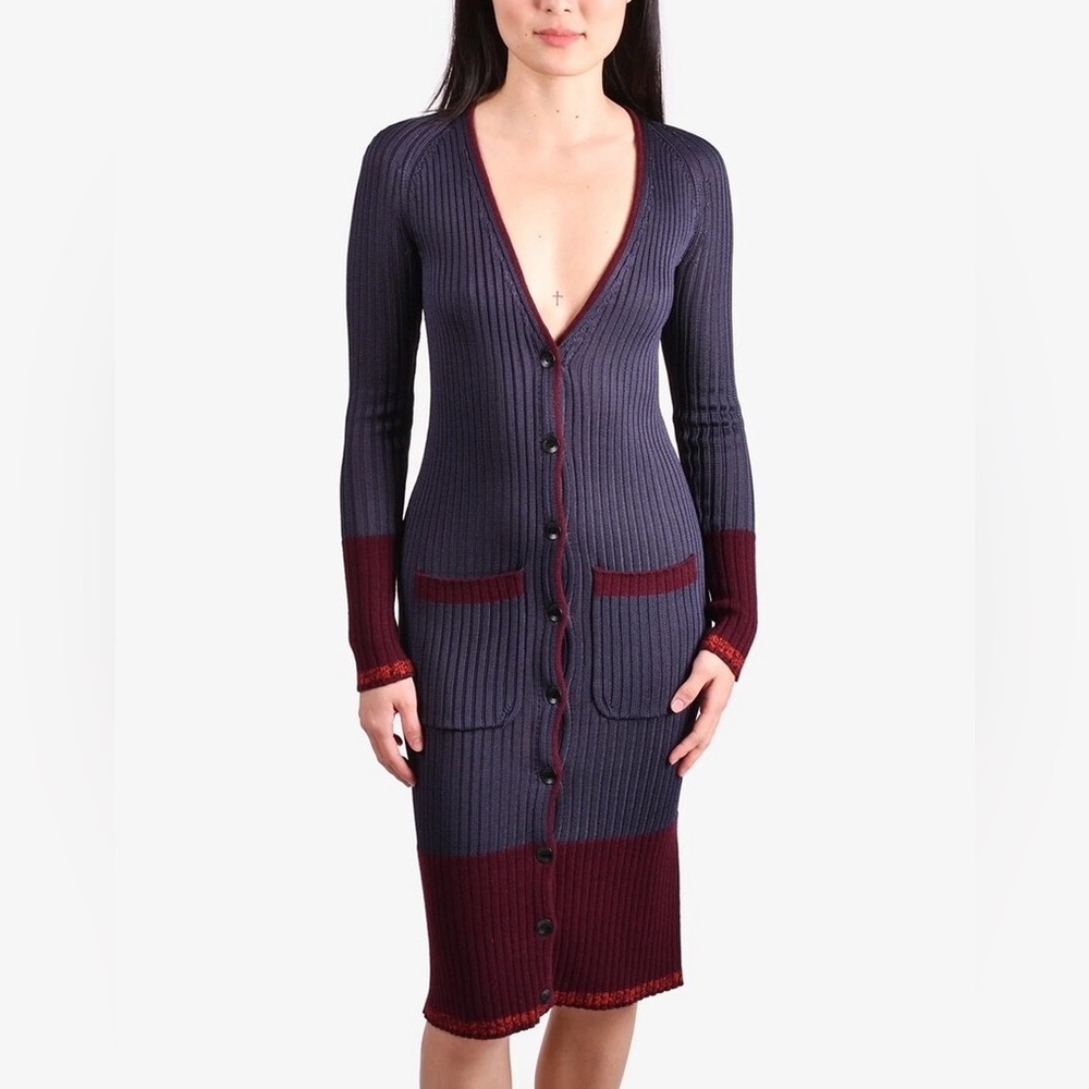 EUC rag & bone Kristin Knit Cardigan Long Sweater Dress Navy Blue & Burgundy